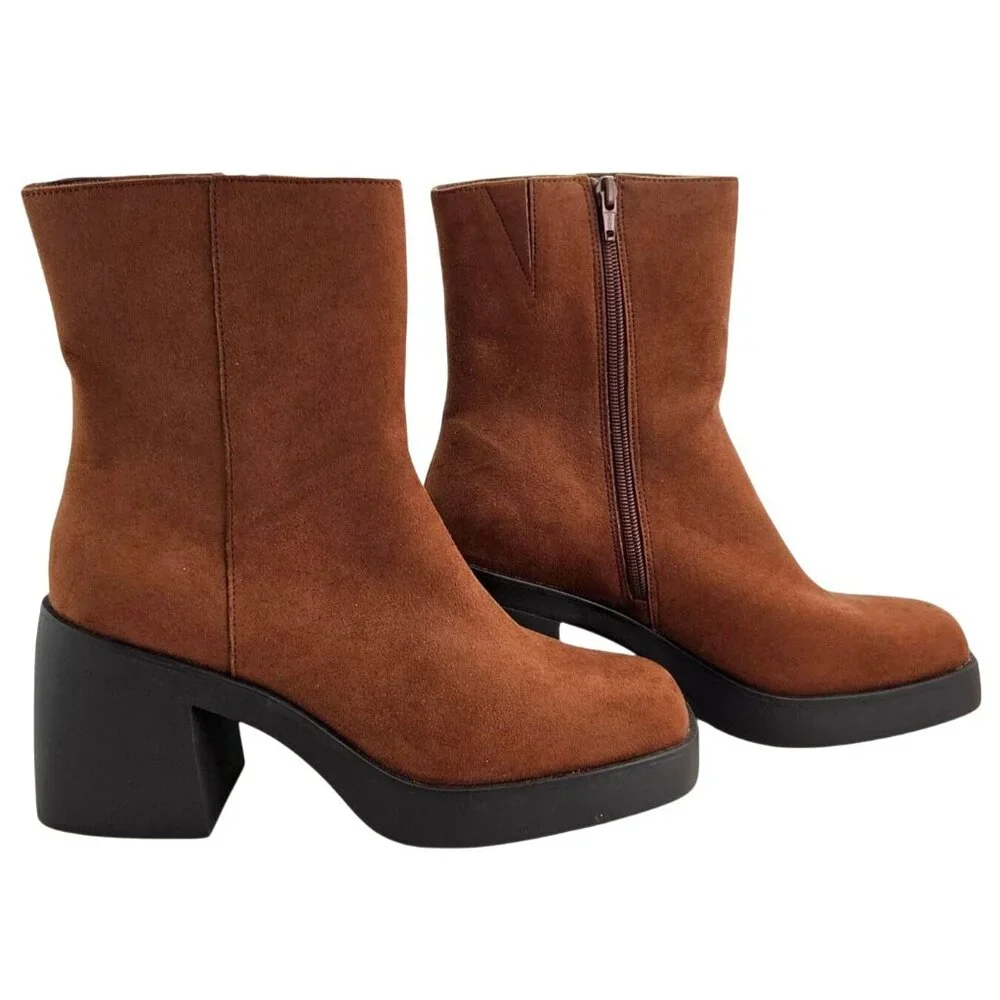 Sun + Stone Womens Size 11 Tiannaa Faux Suede Square Toe Booties Brown Block He - Picture 1 of 9